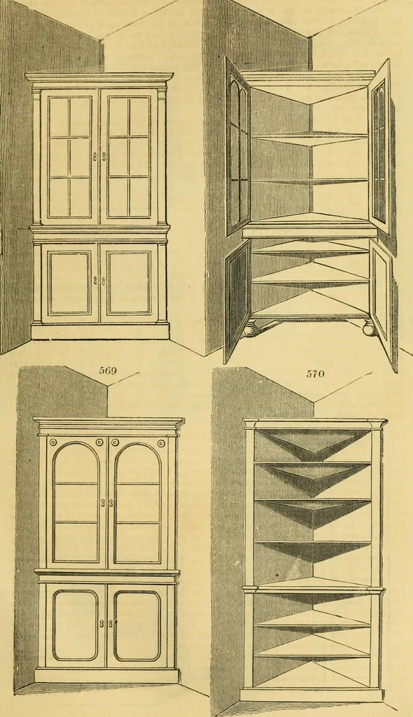 An illustration from An encyclopædia of cottage, farm, and villa architecture and furniture : containing numerous designs for dwellings from the cottage to the villa including farm houses, farmeries, and other agricultural buildings, several designs for country inns, public houses, and parochial schools, with the requisite fittings-up fixtures and furniture ; and appropriate offices, gardens and garden scenery ; each design accompanied by analytical and critical marks illustrative of the principles of archtiectural science and taste on whihc it is composed, 1836, leaf 322
