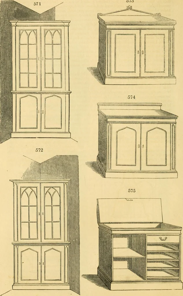 An illustration from An encyclopædia of cottage, farm, and villa architecture and furniture : containing numerous designs for dwellings from the cottage to the villa including farm houses, farmeries, and other agricultural buildings, several designs for country inns, public houses, and parochial schools, with the requisite fittings-up fixtures and furniture ; and appropriate offices, gardens and garden scenery ; each design accompanied by analytical and critical marks illustrative of the principles of archtiectural science and taste on whihc it is composed, 1836, leaf 323