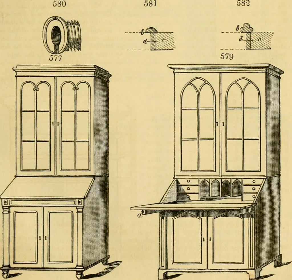 An illustration from An encyclopædia of cottage, farm, and villa architecture and furniture : containing numerous designs for dwellings from the cottage to the villa including farm houses, farmeries, and other agricultural buildings, several designs for country inns, public houses, and parochial schools, with the requisite fittings-up fixtures and furniture ; and appropriate offices, gardens and garden scenery ; each design accompanied by analytical and critical marks illustrative of the principles of archtiectural science and taste on whihc it is composed, 1836, leaf 326