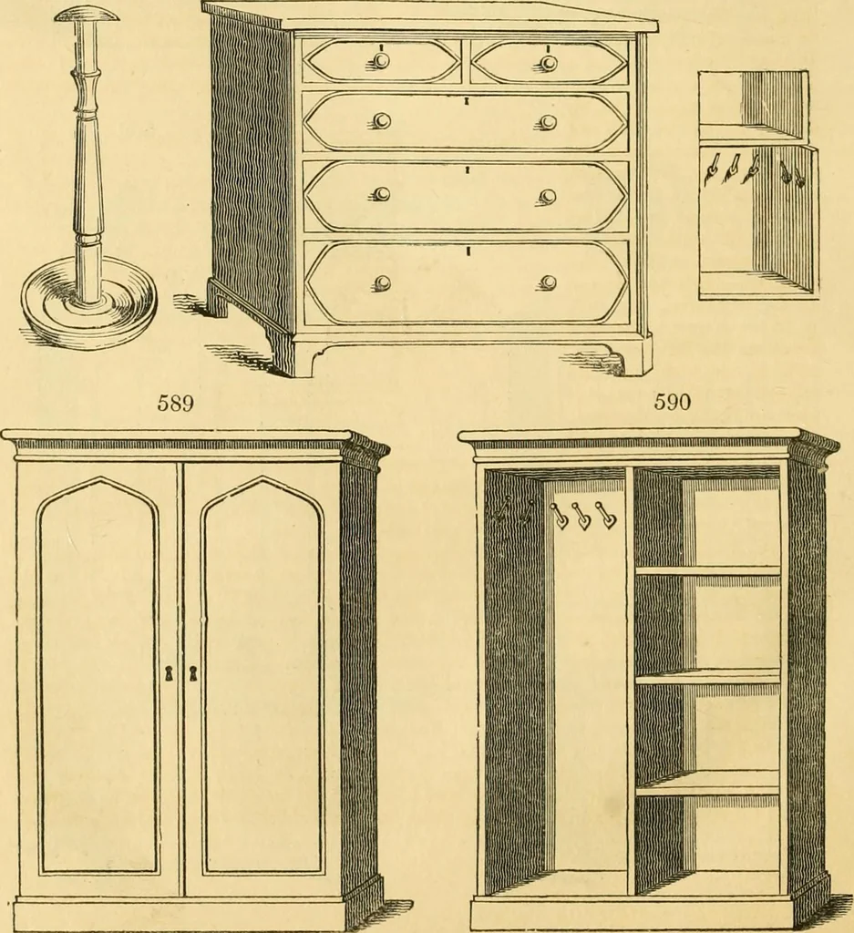 An illustration from An encyclopædia of cottage, farm, and villa architecture and furniture : containing numerous designs for dwellings from the cottage to the villa including farm houses, farmeries, and other agricultural buildings, several designs for country inns, public houses, and parochial schools, with the requisite fittings-up fixtures and furniture ; and appropriate offices, gardens and garden scenery ; each design accompanied by analytical and critical marks illustrative of the principles of archtiectural science and taste on whihc it is composed, 1836, leaf 327