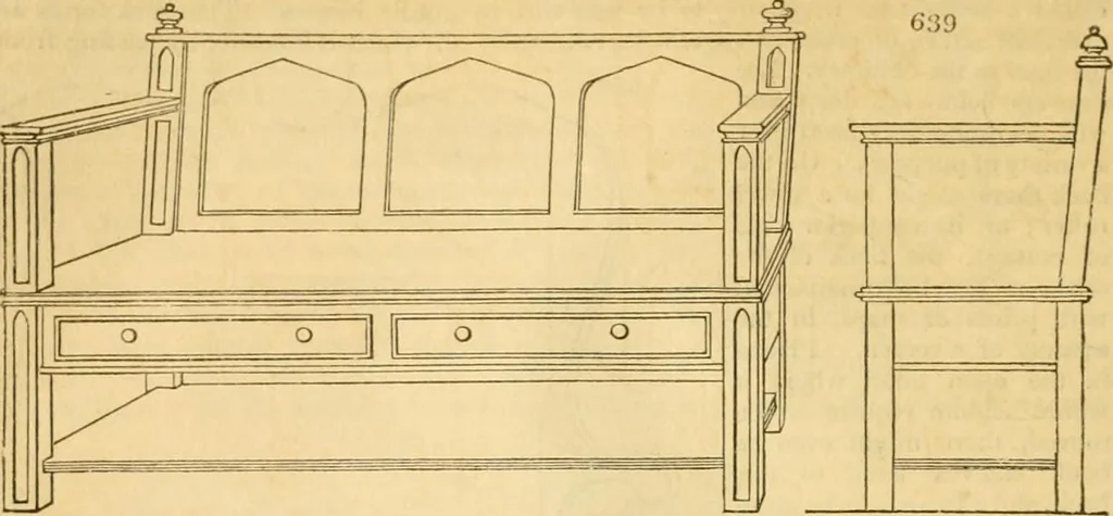 An illustration from An encyclopædia of cottage, farm, and villa architecture and furniture : containing numerous designs for dwellings from the cottage to the villa including farm houses, farmeries, and other agricultural buildings, several designs for country inns, public houses, and parochial schools, with the requisite fittings-up fixtures and furniture ; and appropriate offices, gardens and garden scenery ; each design accompanied by analytical and critical marks illustrative of the principles of archtiectural science and taste on whihc it is composed, 1836, leaf 341
