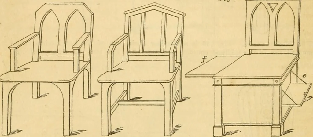 An illustration from An encyclopædia of cottage, farm, and villa architecture and furniture : containing numerous designs for dwellings from the cottage to the villa including farm houses, farmeries, and other agricultural buildings, several designs for country inns, public houses, and parochial schools, with the requisite fittings-up fixtures and furniture ; and appropriate offices, gardens and garden scenery ; each design accompanied by analytical and critical marks illustrative of the principles of archtiectural science and taste on whihc it is composed, 1836, leaf 343