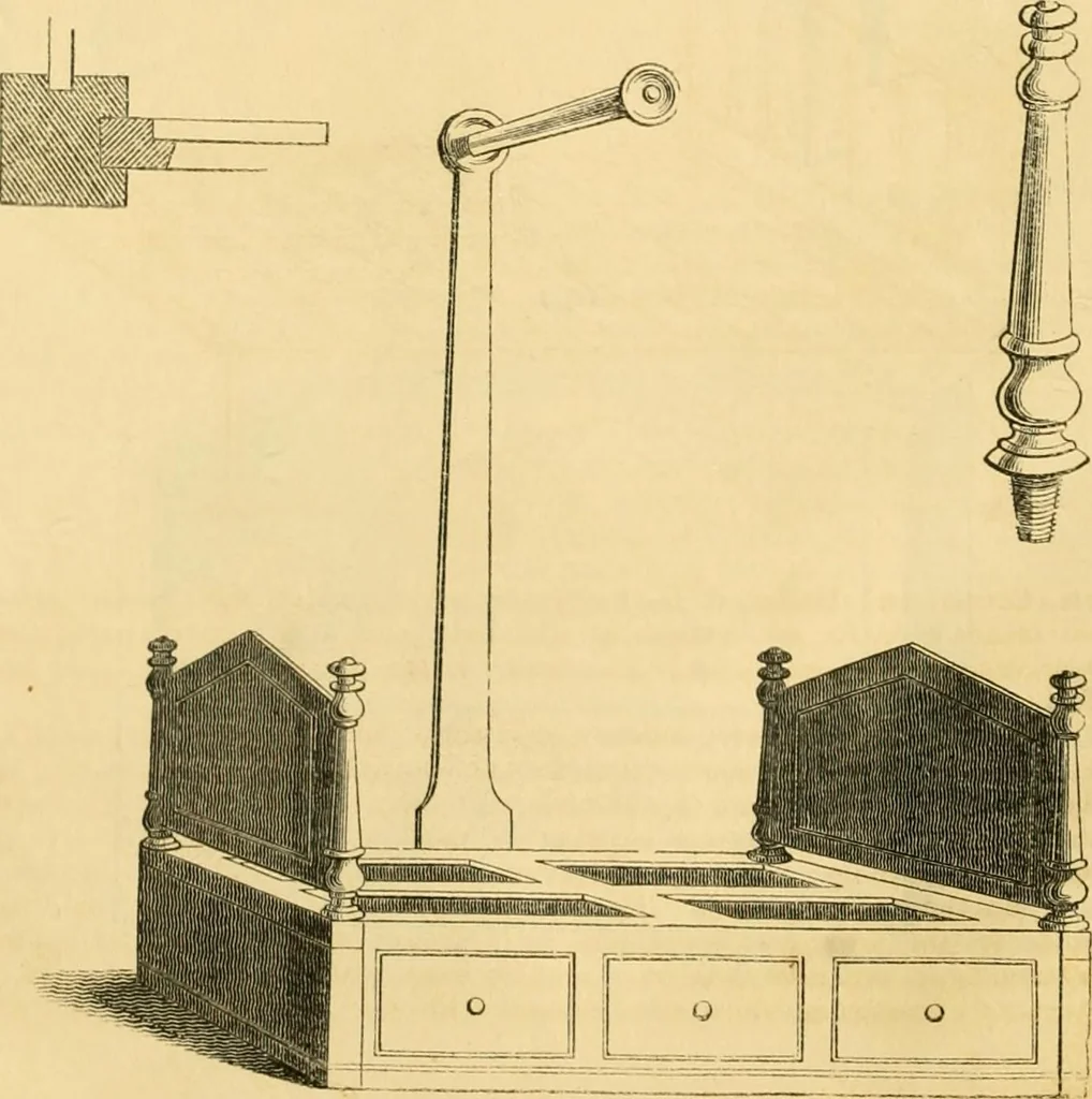 An illustration from An encyclopædia of cottage, farm, and villa architecture and furniture : containing numerous designs for dwellings from the cottage to the villa including farm houses, farmeries, and other agricultural buildings, several designs for country inns, public houses, and parochial schools, with the requisite fittings-up fixtures and furniture ; and appropriate offices, gardens and garden scenery ; each design accompanied by analytical and critical marks illustrative of the principles of archtiectural science and taste on whihc it is composed, 1836, leaf 351