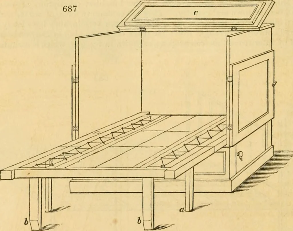 An illustration from An encyclopædia of cottage, farm, and villa architecture and furniture : containing numerous designs for dwellings from the cottage to the villa including farm houses, farmeries, and other agricultural buildings, several designs for country inns, public houses, and parochial schools, with the requisite fittings-up fixtures and furniture ; and appropriate offices, gardens and garden scenery ; each design accompanied by analytical and critical marks illustrative of the principles of archtiectural science and taste on whihc it is composed, 1836, leaf 353