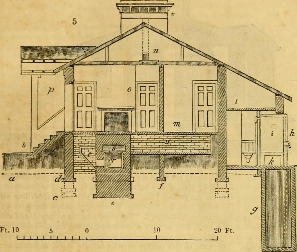 An illustration from An encyclopædia of cottage, farm, and villa architecture and furniture : containing numerous designs for dwellings from the cottage to the villa including farm houses, farmeries, and other agricultural buildings, several designs for country inns, public houses, and parochial schools, with the requisite fittings-up fixtures and furniture ; and appropriate offices, gardens and garden scenery ; each design accompanied by analytical and critical marks illustrative of the principles of archtiectural science and taste on whihc it is composed, 1836, leaf 36
