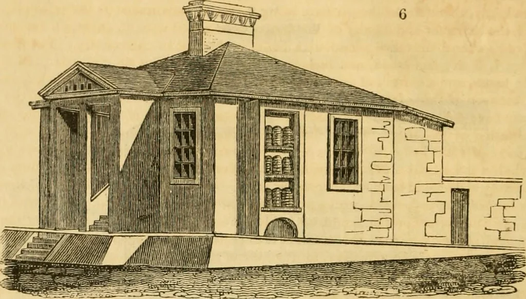 An illustration from An encyclopædia of cottage, farm, and villa architecture and furniture : containing numerous designs for dwellings from the cottage to the villa including farm houses, farmeries, and other agricultural buildings, several designs for country inns, public houses, and parochial schools, with the requisite fittings-up fixtures and furniture ; and appropriate offices, gardens and garden scenery ; each design accompanied by analytical and critical marks illustrative of the principles of archtiectural science and taste on whihc it is composed, 1836, leaf 37