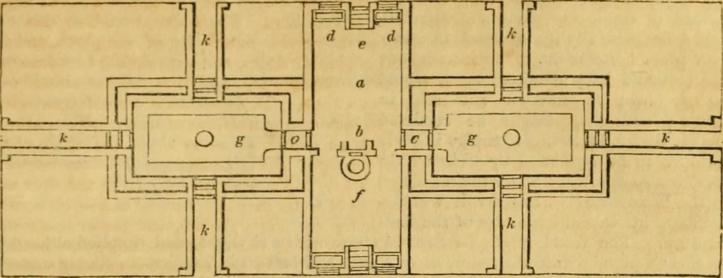 An illustration from An encyclopædia of cottage, farm, and villa architecture and furniture : containing numerous designs for dwellings from the cottage to the villa including farm houses, farmeries, and other agricultural buildings, several designs for country inns, public houses, and parochial schools, with the requisite fittings-up fixtures and furniture ; and appropriate offices, gardens and garden scenery ; each design accompanied by analytical and critical marks illustrative of the principles of archtiectural science and taste on whihc it is composed, 1836, leaf 384