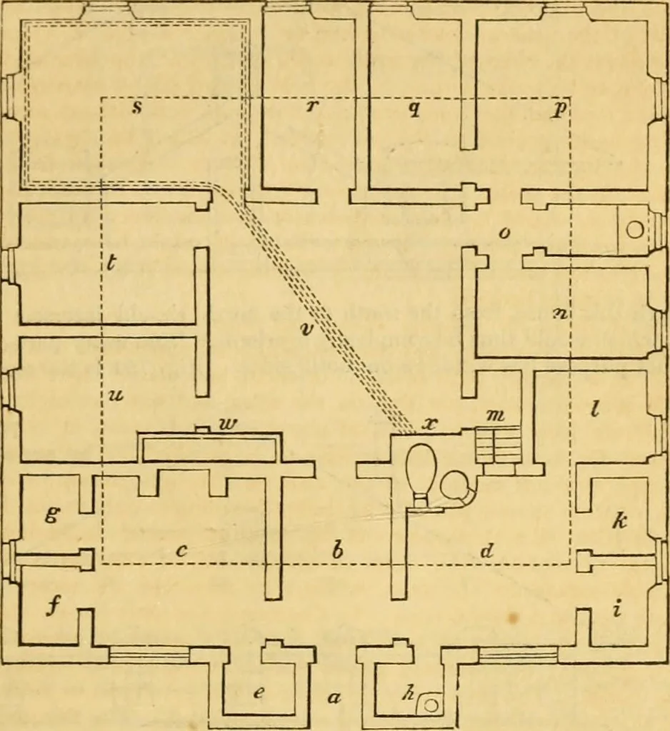 An illustration from An encyclopædia of cottage, farm, and villa architecture and furniture : containing numerous designs for dwellings from the cottage to the villa including farm houses, farmeries, and other agricultural buildings, several designs for country inns, public houses, and parochial schools, with the requisite fittings-up fixtures and furniture ; and appropriate offices, gardens and garden scenery ; each design accompanied by analytical and critical marks illustrative of the principles of archtiectural science and taste on whihc it is composed, 1836, leaf 390