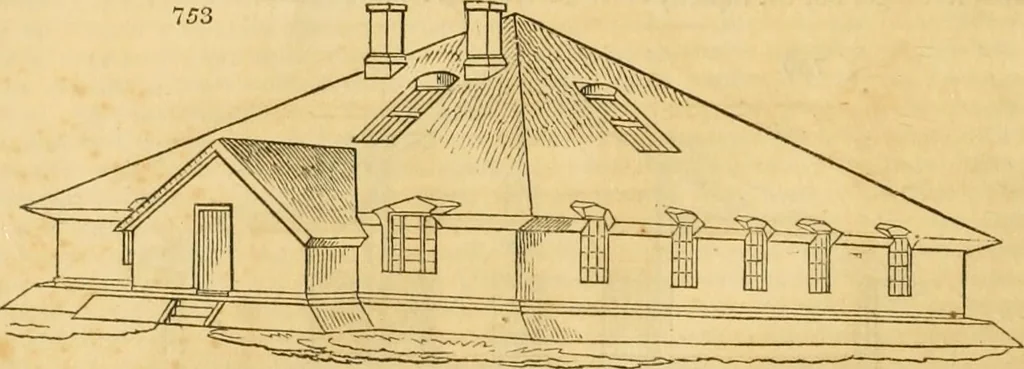 An illustration from An encyclopædia of cottage, farm, and villa architecture and furniture : containing numerous designs for dwellings from the cottage to the villa including farm houses, farmeries, and other agricultural buildings, several designs for country inns, public houses, and parochial schools, with the requisite fittings-up fixtures and furniture ; and appropriate offices, gardens and garden scenery ; each design accompanied by analytical and critical marks illustrative of the principles of archtiectural science and taste on whihc it is composed, 1836, leaf 391