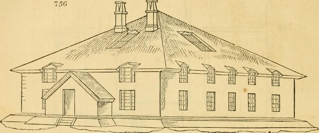 An illustration from An encyclopædia of cottage, farm, and villa architecture and furniture : containing numerous designs for dwellings from the cottage to the villa including farm houses, farmeries, and other agricultural buildings, several designs for country inns, public houses, and parochial schools, with the requisite fittings-up fixtures and furniture ; and appropriate offices, gardens and garden scenery ; each design accompanied by analytical and critical marks illustrative of the principles of archtiectural science and taste on whihc it is composed, 1836, leaf 393