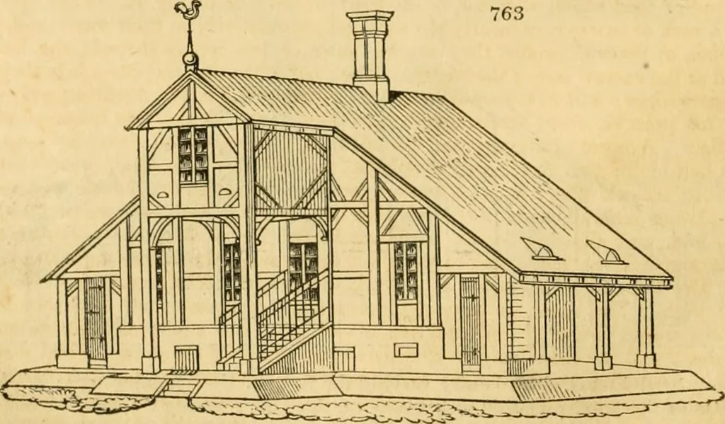 An illustration from An encyclopædia of cottage, farm, and villa architecture and furniture : containing numerous designs for dwellings from the cottage to the villa including farm houses, farmeries, and other agricultural buildings, several designs for country inns, public houses, and parochial schools, with the requisite fittings-up fixtures and furniture ; and appropriate offices, gardens and garden scenery ; each design accompanied by analytical and critical marks illustrative of the principles of archtiectural science and taste on whihc it is composed, 1836, leaf 395