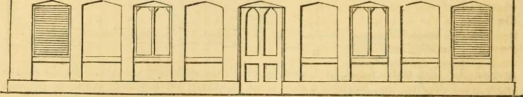 An illustration from An encyclopædia of cottage, farm, and villa architecture and furniture : containing numerous designs for dwellings from the cottage to the villa including farm houses, farmeries, and other agricultural buildings, several designs for country inns, public houses, and parochial schools, with the requisite fittings-up fixtures and furniture ; and appropriate offices, gardens and garden scenery ; each design accompanied by analytical and critical marks illustrative of the principles of archtiectural science and taste on whihc it is composed, 1836, leaf 403