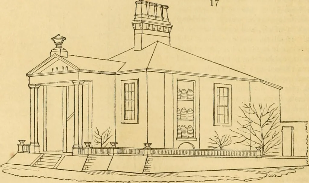 An illustration from An encyclopædia of cottage, farm, and villa architecture and furniture : containing numerous designs for dwellings from the cottage to the villa including farm houses, farmeries, and other agricultural buildings, several designs for country inns, public houses, and parochial schools, with the requisite fittings-up fixtures and furniture ; and appropriate offices, gardens and garden scenery ; each design accompanied by analytical and critical marks illustrative of the principles of archtiectural science and taste on whihc it is composed, 1836, leaf 43