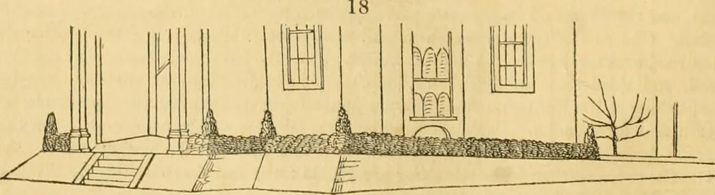 An illustration from An encyclopædia of cottage, farm, and villa architecture and furniture : containing numerous designs for dwellings from the cottage to the villa including farm houses, farmeries, and other agricultural buildings, several designs for country inns, public houses, and parochial schools, with the requisite fittings-up fixtures and furniture ; and appropriate offices, gardens and garden scenery ; each design accompanied by analytical and critical marks illustrative of the principles of archtiectural science and taste on whihc it is composed, 1836, leaf 43