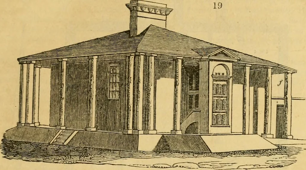 An illustration from An encyclopædia of cottage, farm, and villa architecture and furniture : containing numerous designs for dwellings from the cottage to the villa including farm houses, farmeries, and other agricultural buildings, several designs for country inns, public houses, and parochial schools, with the requisite fittings-up fixtures and furniture ; and appropriate offices, gardens and garden scenery ; each design accompanied by analytical and critical marks illustrative of the principles of archtiectural science and taste on whihc it is composed, 1836, leaf 44
