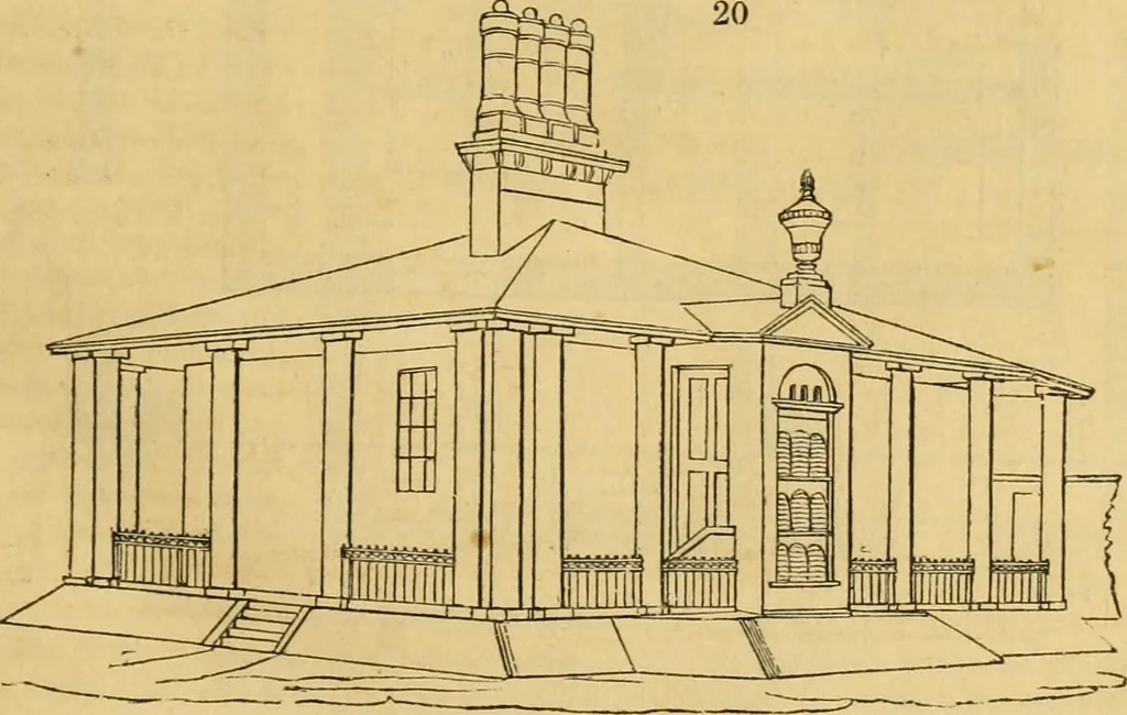 An illustration from An encyclopædia of cottage, farm, and villa architecture and furniture : containing numerous designs for dwellings from the cottage to the villa including farm houses, farmeries, and other agricultural buildings, several designs for country inns, public houses, and parochial schools, with the requisite fittings-up fixtures and furniture ; and appropriate offices, gardens and garden scenery ; each design accompanied by analytical and critical marks illustrative of the principles of archtiectural science and taste on whihc it is composed, 1836, leaf 44