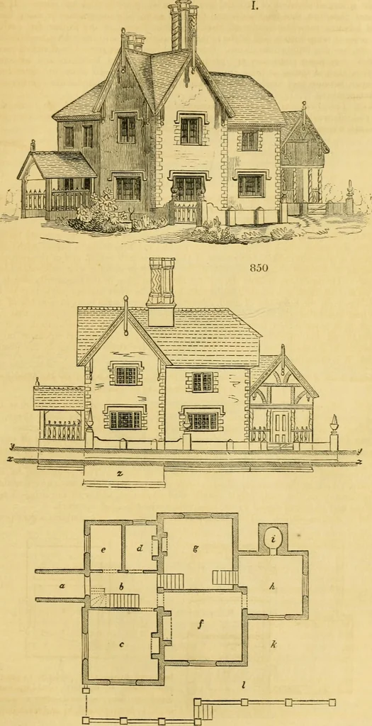 An illustration from An encyclopædia of cottage, farm, and villa architecture and furniture : containing numerous designs for dwellings from the cottage to the villa including farm houses, farmeries, and other agricultural buildings, several designs for country inns, public houses, and parochial schools, with the requisite fittings-up fixtures and furniture ; and appropriate offices, gardens and garden scenery ; each design accompanied by analytical and critical marks illustrative of the principles of archtiectural science and taste on whihc it is composed, 1836, leaf 442