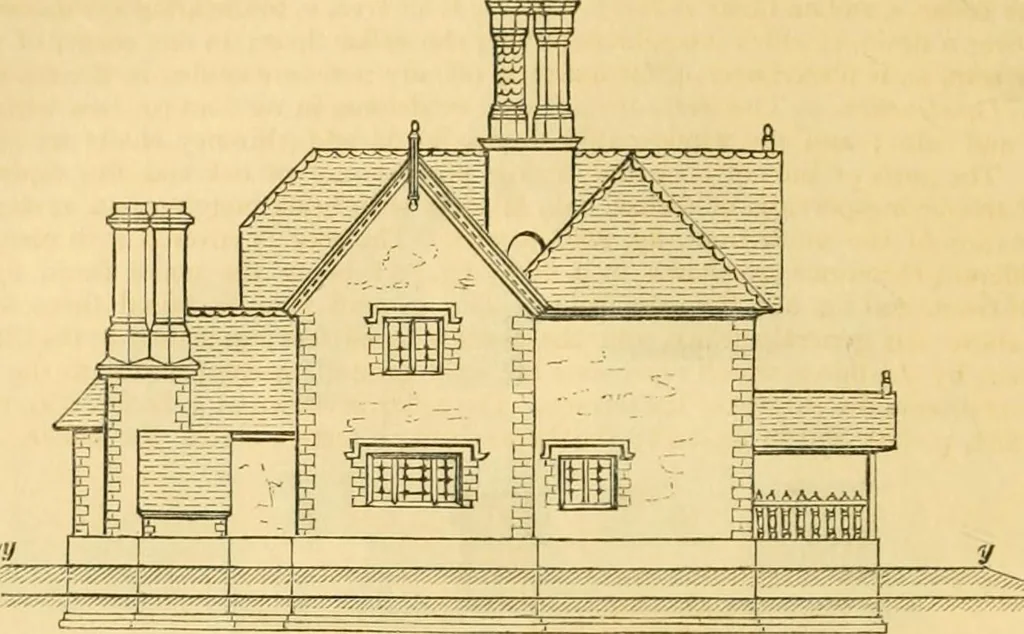 An illustration from An encyclopædia of cottage, farm, and villa architecture and furniture : containing numerous designs for dwellings from the cottage to the villa including farm houses, farmeries, and other agricultural buildings, several designs for country inns, public houses, and parochial schools, with the requisite fittings-up fixtures and furniture ; and appropriate offices, gardens and garden scenery ; each design accompanied by analytical and critical marks illustrative of the principles of archtiectural science and taste on whihc it is composed, 1836, leaf 443