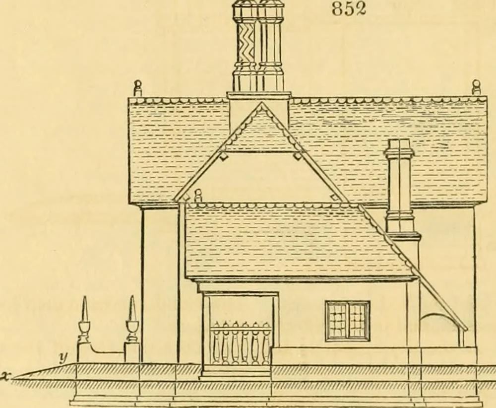 An illustration from An encyclopædia of cottage, farm, and villa architecture and furniture : containing numerous designs for dwellings from the cottage to the villa including farm houses, farmeries, and other agricultural buildings, several designs for country inns, public houses, and parochial schools, with the requisite fittings-up fixtures and furniture ; and appropriate offices, gardens and garden scenery ; each design accompanied by analytical and critical marks illustrative of the principles of archtiectural science and taste on whihc it is composed, 1836, leaf 443
