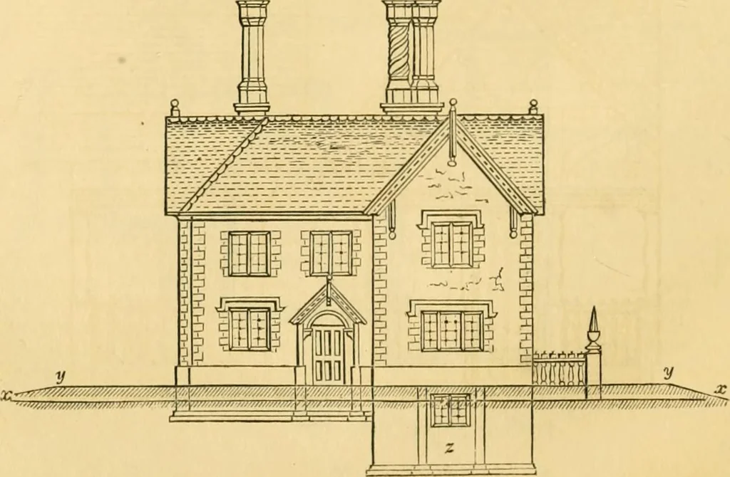 An illustration from An encyclopædia of cottage, farm, and villa architecture and furniture : containing numerous designs for dwellings from the cottage to the villa including farm houses, farmeries, and other agricultural buildings, several designs for country inns, public houses, and parochial schools, with the requisite fittings-up fixtures and furniture ; and appropriate offices, gardens and garden scenery ; each design accompanied by analytical and critical marks illustrative of the principles of archtiectural science and taste on whihc it is composed, 1836, leaf 443