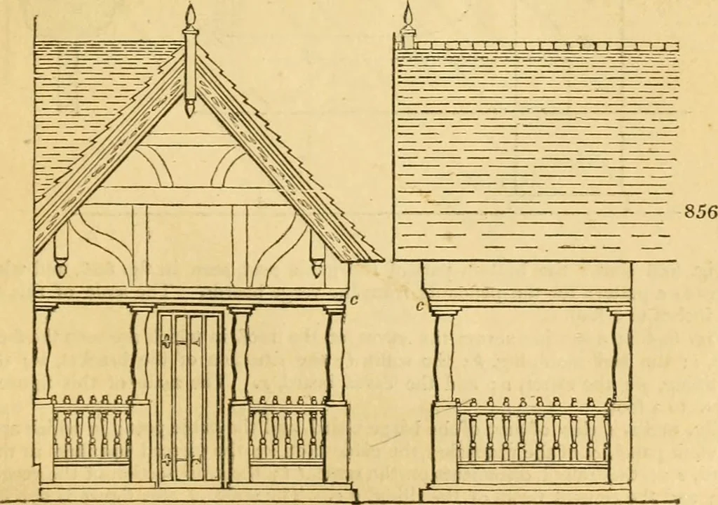 An illustration from An encyclopædia of cottage, farm, and villa architecture and furniture : containing numerous designs for dwellings from the cottage to the villa including farm houses, farmeries, and other agricultural buildings, several designs for country inns, public houses, and parochial schools, with the requisite fittings-up fixtures and furniture ; and appropriate offices, gardens and garden scenery ; each design accompanied by analytical and critical marks illustrative of the principles of archtiectural science and taste on whihc it is composed, 1836, leaf 444