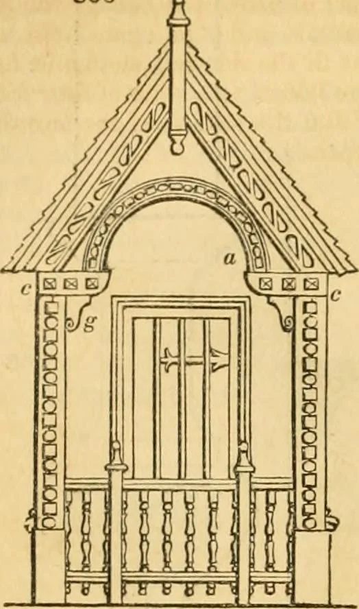 An illustration from An encyclopædia of cottage, farm, and villa architecture and furniture : containing numerous designs for dwellings from the cottage to the villa including farm houses, farmeries, and other agricultural buildings, several designs for country inns, public houses, and parochial schools, with the requisite fittings-up fixtures and furniture ; and appropriate offices, gardens and garden scenery ; each design accompanied by analytical and critical marks illustrative of the principles of archtiectural science and taste on whihc it is composed, 1836, leaf 447