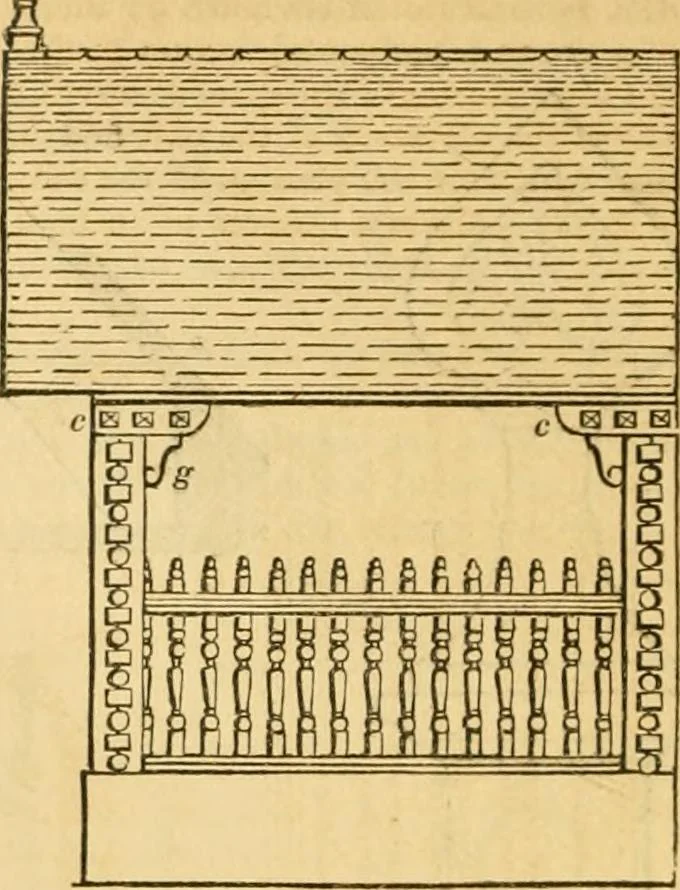 An illustration from An encyclopædia of cottage, farm, and villa architecture and furniture : containing numerous designs for dwellings from the cottage to the villa including farm houses, farmeries, and other agricultural buildings, several designs for country inns, public houses, and parochial schools, with the requisite fittings-up fixtures and furniture ; and appropriate offices, gardens and garden scenery ; each design accompanied by analytical and critical marks illustrative of the principles of archtiectural science and taste on whihc it is composed, 1836, leaf 447