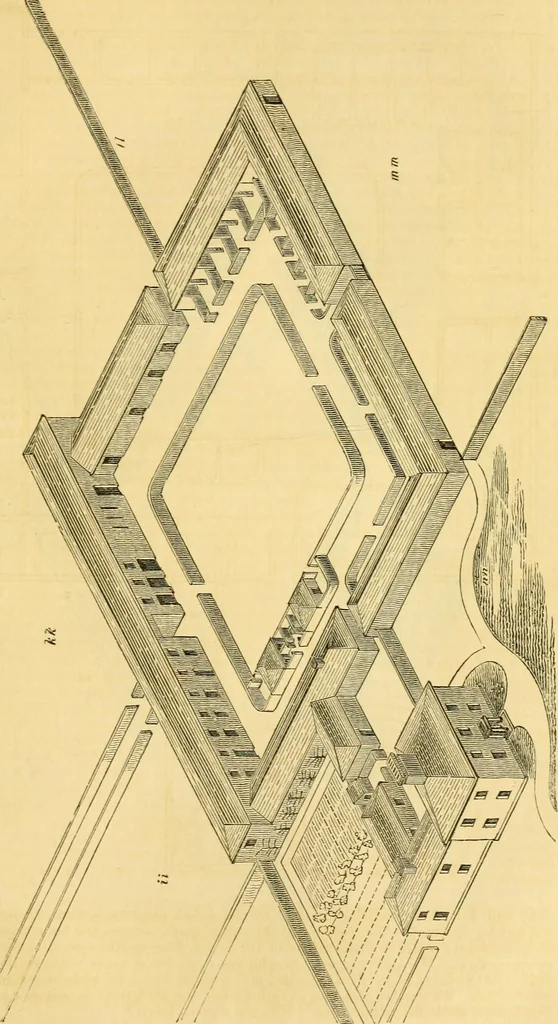 An illustration from An encyclopædia of cottage, farm, and villa architecture and furniture : containing numerous designs for dwellings from the cottage to the villa including farm houses, farmeries, and other agricultural buildings, several designs for country inns, public houses, and parochial schools, with the requisite fittings-up fixtures and furniture ; and appropriate offices, gardens and garden scenery ; each design accompanied by analytical and critical marks illustrative of the principles of archtiectural science and taste on whihc it is composed, 1836, leaf 466