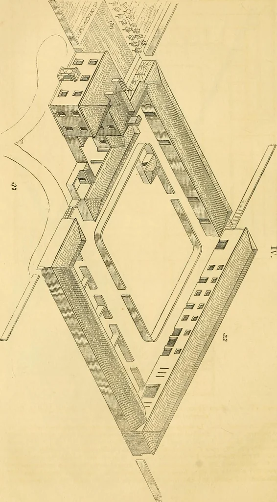 An illustration from An encyclopædia of cottage, farm, and villa architecture and furniture : containing numerous designs for dwellings from the cottage to the villa including farm houses, farmeries, and other agricultural buildings, several designs for country inns, public houses, and parochial schools, with the requisite fittings-up fixtures and furniture ; and appropriate offices, gardens and garden scenery ; each design accompanied by analytical and critical marks illustrative of the principles of archtiectural science and taste on whihc it is composed, 1836, leaf 467