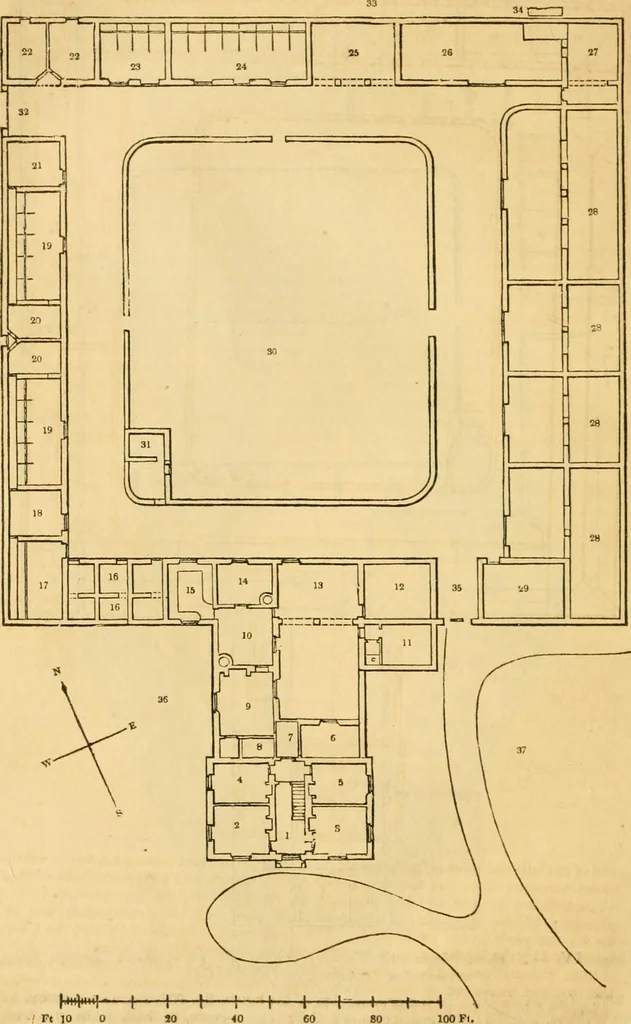 An illustration from An encyclopædia of cottage, farm, and villa architecture and furniture : containing numerous designs for dwellings from the cottage to the villa including farm houses, farmeries, and other agricultural buildings, several designs for country inns, public houses, and parochial schools, with the requisite fittings-up fixtures and furniture ; and appropriate offices, gardens and garden scenery ; each design accompanied by analytical and critical marks illustrative of the principles of archtiectural science and taste on whihc it is composed, 1836, leaf 469