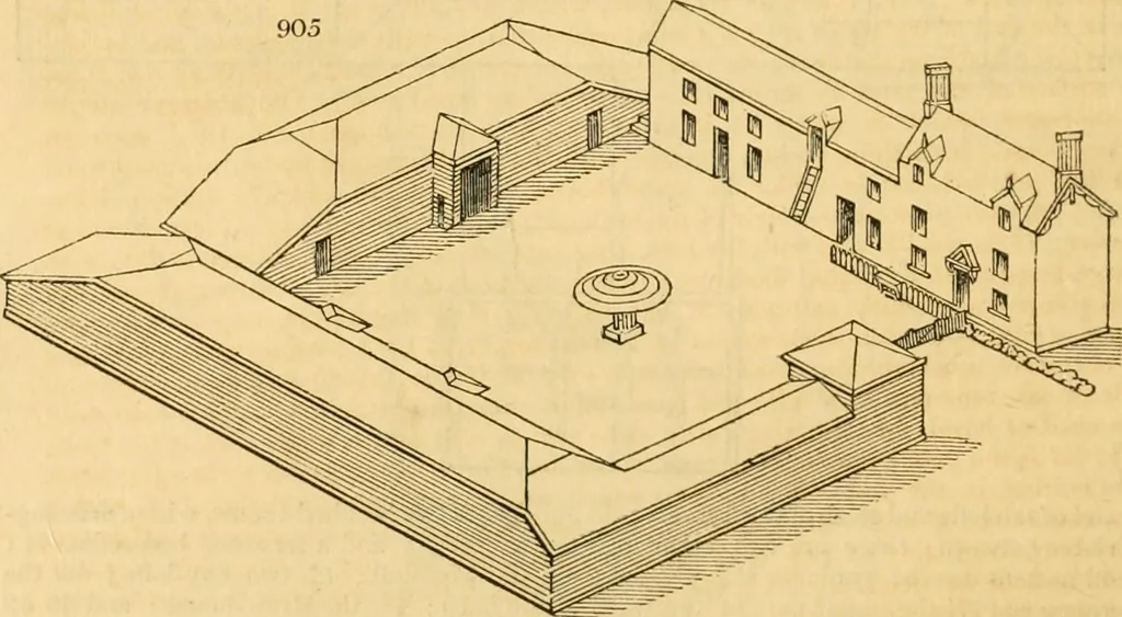 An illustration from An encyclopædia of cottage, farm, and villa architecture and furniture : containing numerous designs for dwellings from the cottage to the villa including farm houses, farmeries, and other agricultural buildings, several designs for country inns, public houses, and parochial schools, with the requisite fittings-up fixtures and furniture ; and appropriate offices, gardens and garden scenery ; each design accompanied by analytical and critical marks illustrative of the principles of archtiectural science and taste on whihc it is composed, 1836, leaf 471