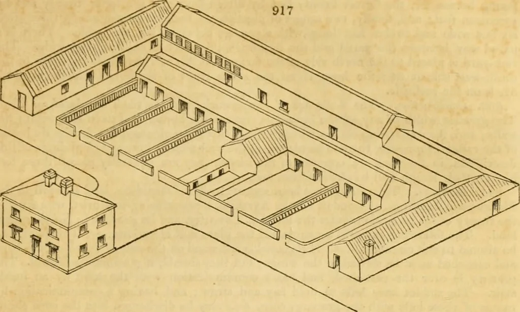 An illustration from An encyclopædia of cottage, farm, and villa architecture and furniture : containing numerous designs for dwellings from the cottage to the villa including farm houses, farmeries, and other agricultural buildings, several designs for country inns, public houses, and parochial schools, with the requisite fittings-up fixtures and furniture ; and appropriate offices, gardens and garden scenery ; each design accompanied by analytical and critical marks illustrative of the principles of archtiectural science and taste on whihc it is composed, 1836, leaf 476