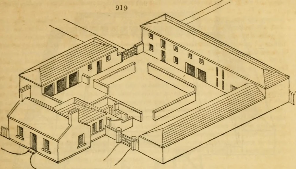 An illustration from An encyclopædia of cottage, farm, and villa architecture and furniture : containing numerous designs for dwellings from the cottage to the villa including farm houses, farmeries, and other agricultural buildings, several designs for country inns, public houses, and parochial schools, with the requisite fittings-up fixtures and furniture ; and appropriate offices, gardens and garden scenery ; each design accompanied by analytical and critical marks illustrative of the principles of archtiectural science and taste on whihc it is composed, 1836, leaf 478
