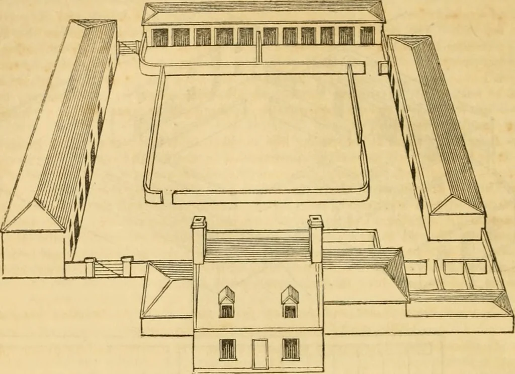 An illustration from An encyclopædia of cottage, farm, and villa architecture and furniture : containing numerous designs for dwellings from the cottage to the villa including farm houses, farmeries, and other agricultural buildings, several designs for country inns, public houses, and parochial schools, with the requisite fittings-up fixtures and furniture ; and appropriate offices, gardens and garden scenery ; each design accompanied by analytical and critical marks illustrative of the principles of archtiectural science and taste on whihc it is composed, 1836, leaf 479