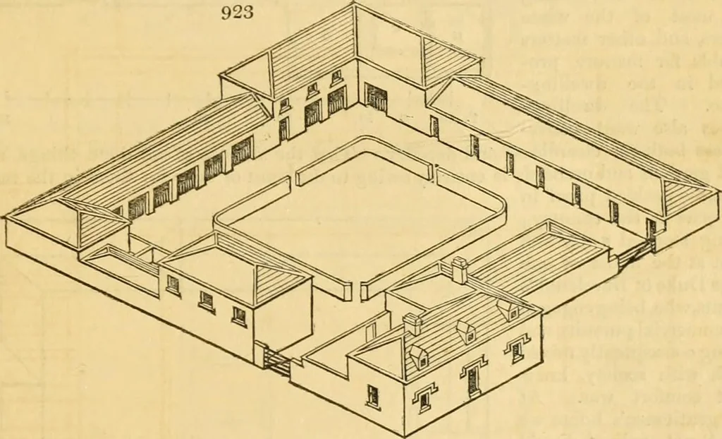An illustration from An encyclopædia of cottage, farm, and villa architecture and furniture : containing numerous designs for dwellings from the cottage to the villa including farm houses, farmeries, and other agricultural buildings, several designs for country inns, public houses, and parochial schools, with the requisite fittings-up fixtures and furniture ; and appropriate offices, gardens and garden scenery ; each design accompanied by analytical and critical marks illustrative of the principles of archtiectural science and taste on whihc it is composed, 1836, leaf 480