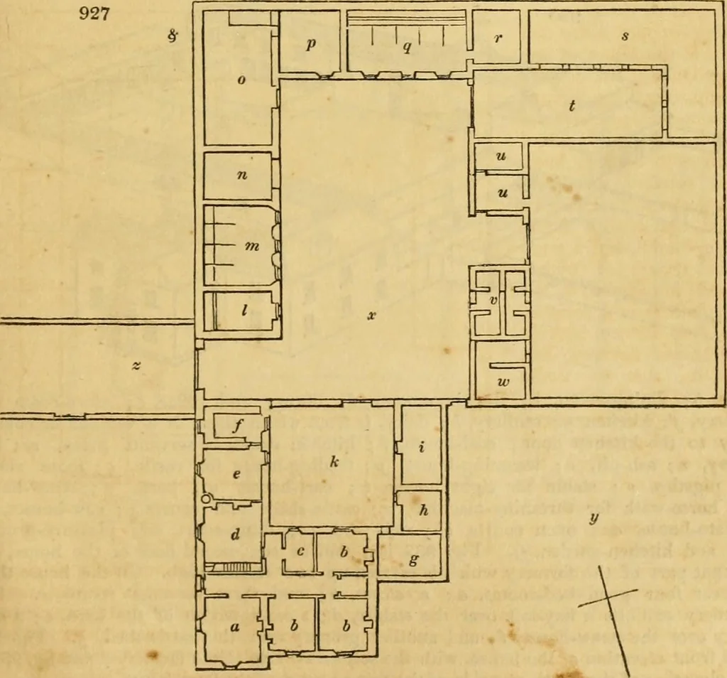 An illustration from An encyclopædia of cottage, farm, and villa architecture and furniture : containing numerous designs for dwellings from the cottage to the villa including farm houses, farmeries, and other agricultural buildings, several designs for country inns, public houses, and parochial schools, with the requisite fittings-up fixtures and furniture ; and appropriate offices, gardens and garden scenery ; each design accompanied by analytical and critical marks illustrative of the principles of archtiectural science and taste on whihc it is composed, 1836, leaf 482