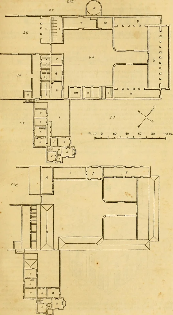 An illustration from An encyclopædia of cottage, farm, and villa architecture and furniture : containing numerous designs for dwellings from the cottage to the villa including farm houses, farmeries, and other agricultural buildings, several designs for country inns, public houses, and parochial schools, with the requisite fittings-up fixtures and furniture ; and appropriate offices, gardens and garden scenery ; each design accompanied by analytical and critical marks illustrative of the principles of archtiectural science and taste on whihc it is composed, 1836, leaf 484