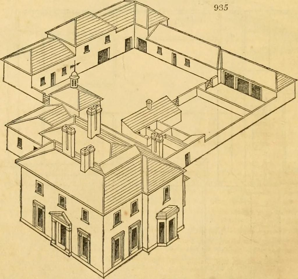 An illustration from An encyclopædia of cottage, farm, and villa architecture and furniture : containing numerous designs for dwellings from the cottage to the villa including farm houses, farmeries, and other agricultural buildings, several designs for country inns, public houses, and parochial schools, with the requisite fittings-up fixtures and furniture ; and appropriate offices, gardens and garden scenery ; each design accompanied by analytical and critical marks illustrative of the principles of archtiectural science and taste on whihc it is composed, 1836, leaf 485