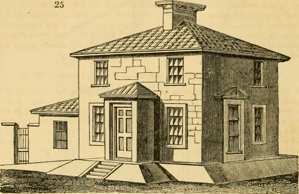 An illustration from An encyclopædia of cottage, farm, and villa architecture and furniture : containing numerous designs for dwellings from the cottage to the villa including farm houses, farmeries, and other agricultural buildings, several designs for country inns, public houses, and parochial schools, with the requisite fittings-up fixtures and furniture ; and appropriate offices, gardens and garden scenery ; each design accompanied by analytical and critical marks illustrative of the principles of archtiectural science and taste on whihc it is composed, 1836, leaf 49