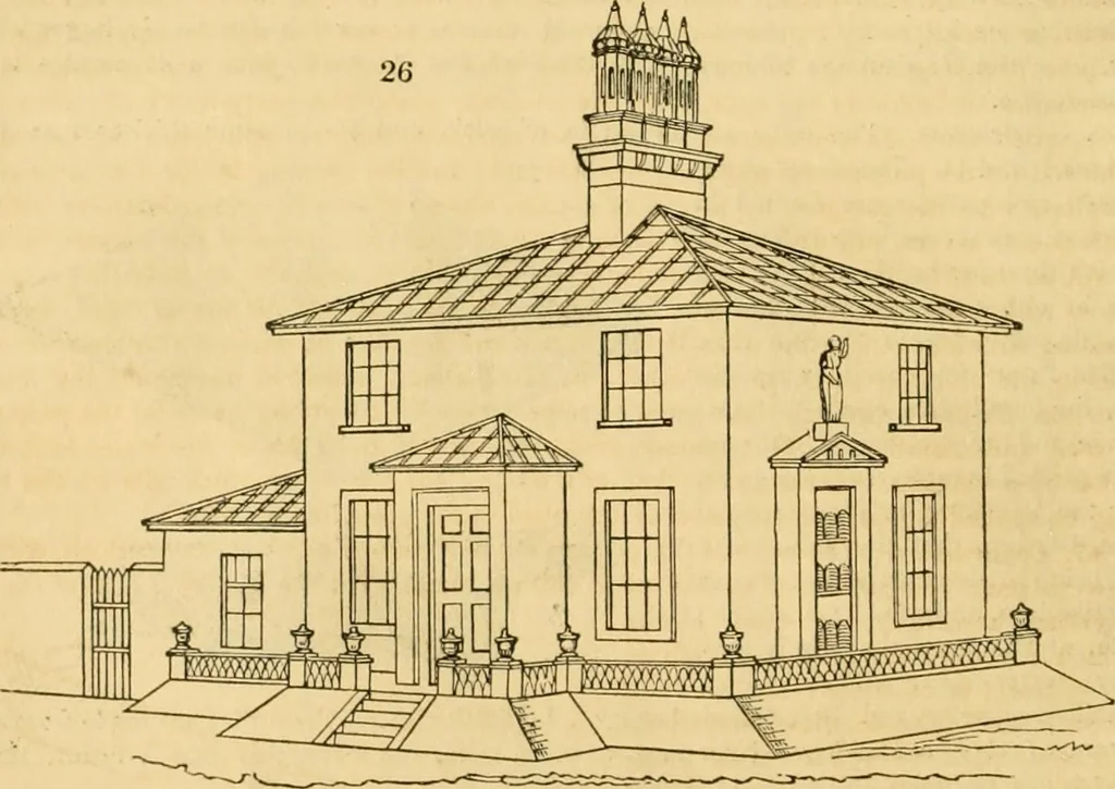 An illustration from An encyclopædia of cottage, farm, and villa architecture and furniture : containing numerous designs for dwellings from the cottage to the villa including farm houses, farmeries, and other agricultural buildings, several designs for country inns, public houses, and parochial schools, with the requisite fittings-up fixtures and furniture ; and appropriate offices, gardens and garden scenery ; each design accompanied by analytical and critical marks illustrative of the principles of archtiectural science and taste on whihc it is composed, 1836, leaf 49