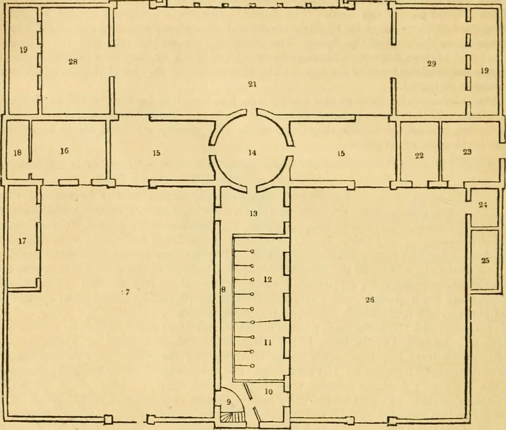 An illustration from An encyclopædia of cottage, farm, and villa architecture and furniture : containing numerous designs for dwellings from the cottage to the villa including farm houses, farmeries, and other agricultural buildings, several designs for country inns, public houses, and parochial schools, with the requisite fittings-up fixtures and furniture ; and appropriate offices, gardens and garden scenery ; each design accompanied by analytical and critical marks illustrative of the principles of archtiectural science and taste on whihc it is composed, 1836, leaf 495
