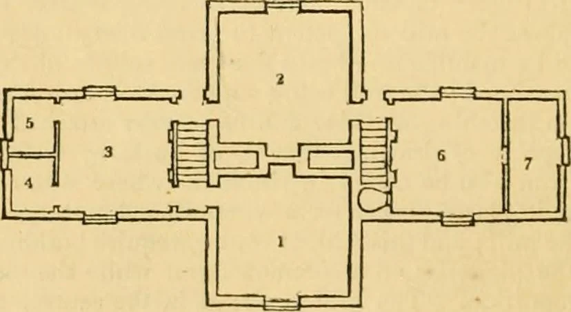 An illustration from An encyclopædia of cottage, farm, and villa architecture and furniture : containing numerous designs for dwellings from the cottage to the villa including farm houses, farmeries, and other agricultural buildings, several designs for country inns, public houses, and parochial schools, with the requisite fittings-up fixtures and furniture ; and appropriate offices, gardens and garden scenery ; each design accompanied by analytical and critical marks illustrative of the principles of archtiectural science and taste on whihc it is composed, 1836, leaf 495