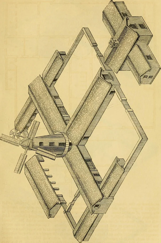 An illustration from An encyclopædia of cottage, farm, and villa architecture and furniture : containing numerous designs for dwellings from the cottage to the villa including farm houses, farmeries, and other agricultural buildings, several designs for country inns, public houses, and parochial schools, with the requisite fittings-up fixtures and furniture ; and appropriate offices, gardens and garden scenery ; each design accompanied by analytical and critical marks illustrative of the principles of archtiectural science and taste on whihc it is composed, 1836, leaf 496