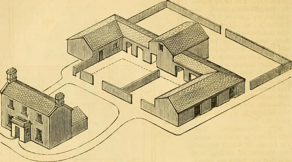 An illustration from An encyclopædia of cottage, farm, and villa architecture and furniture : containing numerous designs for dwellings from the cottage to the villa including farm houses, farmeries, and other agricultural buildings, several designs for country inns, public houses, and parochial schools, with the requisite fittings-up fixtures and furniture ; and appropriate offices, gardens and garden scenery ; each design accompanied by analytical and critical marks illustrative of the principles of archtiectural science and taste on whihc it is composed, 1836, leaf 497