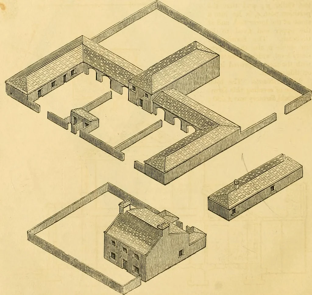 An illustration from An encyclopædia of cottage, farm, and villa architecture and furniture : containing numerous designs for dwellings from the cottage to the villa including farm houses, farmeries, and other agricultural buildings, several designs for country inns, public houses, and parochial schools, with the requisite fittings-up fixtures and furniture ; and appropriate offices, gardens and garden scenery ; each design accompanied by analytical and critical marks illustrative of the principles of archtiectural science and taste on whihc it is composed, 1836, leaf 497