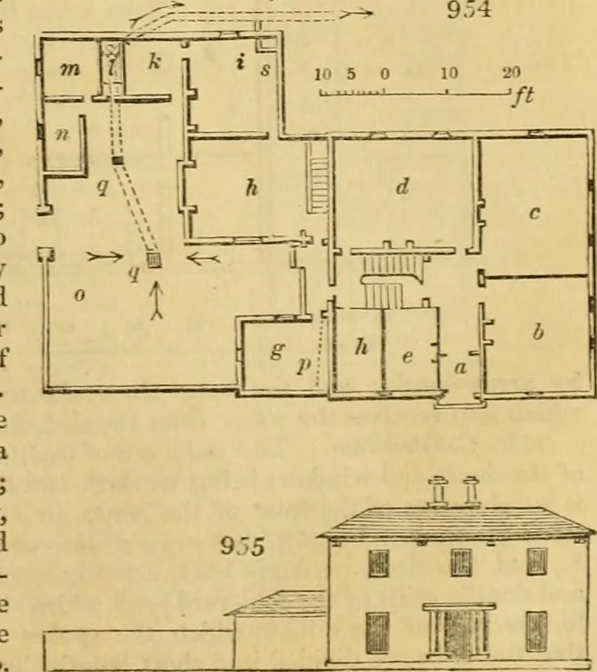 An illustration from An encyclopædia of cottage, farm, and villa architecture and furniture : containing numerous designs for dwellings from the cottage to the villa including farm houses, farmeries, and other agricultural buildings, several designs for country inns, public houses, and parochial schools, with the requisite fittings-up fixtures and furniture ; and appropriate offices, gardens and garden scenery ; each design accompanied by analytical and critical marks illustrative of the principles of archtiectural science and taste on whihc it is composed, 1836, leaf 500