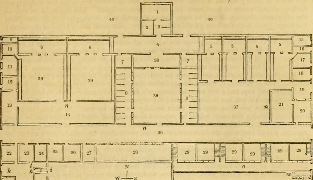 An illustration from An encyclopædia of cottage, farm, and villa architecture and furniture : containing numerous designs for dwellings from the cottage to the villa including farm houses, farmeries, and other agricultural buildings, several designs for country inns, public houses, and parochial schools, with the requisite fittings-up fixtures and furniture ; and appropriate offices, gardens and garden scenery ; each design accompanied by analytical and critical marks illustrative of the principles of archtiectural science and taste on whihc it is composed, 1836, leaf 506