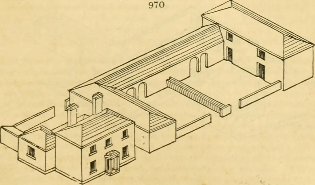 An illustration from An encyclopædia of cottage, farm, and villa architecture and furniture : containing numerous designs for dwellings from the cottage to the villa including farm houses, farmeries, and other agricultural buildings, several designs for country inns, public houses, and parochial schools, with the requisite fittings-up fixtures and furniture ; and appropriate offices, gardens and garden scenery ; each design accompanied by analytical and critical marks illustrative of the principles of archtiectural science and taste on whihc it is composed, 1836, leaf 508