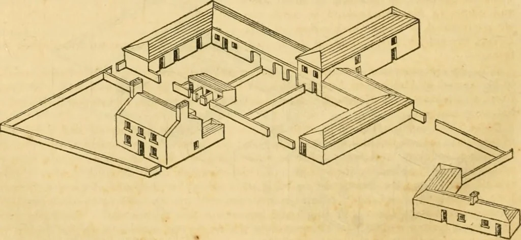 An illustration from An encyclopædia of cottage, farm, and villa architecture and furniture : containing numerous designs for dwellings from the cottage to the villa including farm houses, farmeries, and other agricultural buildings, several designs for country inns, public houses, and parochial schools, with the requisite fittings-up fixtures and furniture ; and appropriate offices, gardens and garden scenery ; each design accompanied by analytical and critical marks illustrative of the principles of archtiectural science and taste on whihc it is composed, 1836, leaf 509