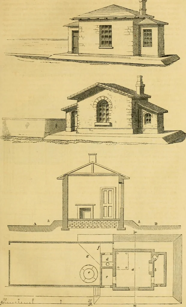 An illustration from An encyclopædia of cottage, farm, and villa architecture and furniture : containing numerous designs for dwellings from the cottage to the villa including farm houses, farmeries, and other agricultural buildings, several designs for country inns, public houses, and parochial schools, with the requisite fittings-up fixtures and furniture ; and appropriate offices, gardens and garden scenery ; each design accompanied by analytical and critical marks illustrative of the principles of archtiectural science and taste on whihc it is composed, 1836, leaf 52